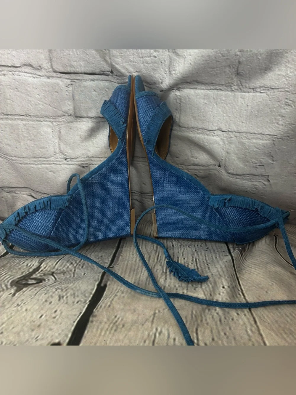 Coastal Boho Fringe Eclectic Southwestern Blue Stiletto Ankle Wrap Wedges Sz 8.5